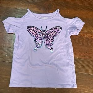 Purple butterfly off the shoulder shirt